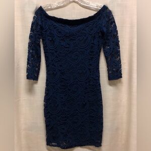 Vintage AMBIANCE Blue Lace Off-Shoulder Bodycon Dress Size S As Is